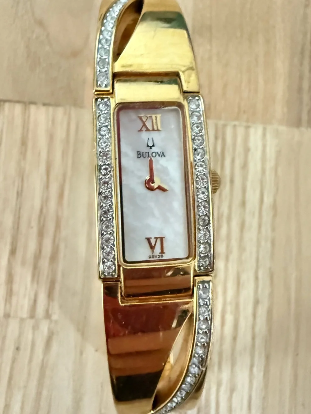 Bulova ladies rectangular dial gold tone crystal accented watch NEW BATTERY